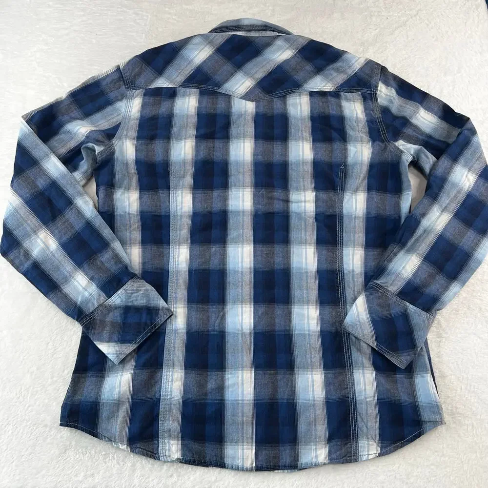True Religion Blue plaid pearl snap western button down shirt men’s size Medium
